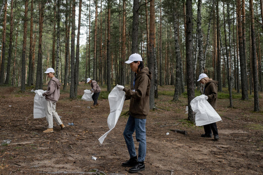 Group of people picking up litter in a forest. Photo: Ron Lach/Pexels.